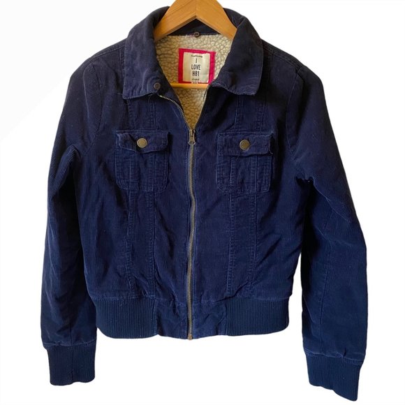 Forever 21 navy blue corduroy jacket zip front sherpa lined women M - Picture 1 of 6
